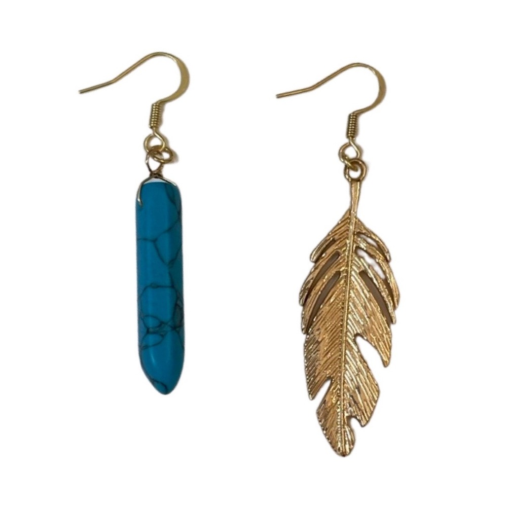 Handmade Boho Gold Feather & Blue Stone Dangle Earrings